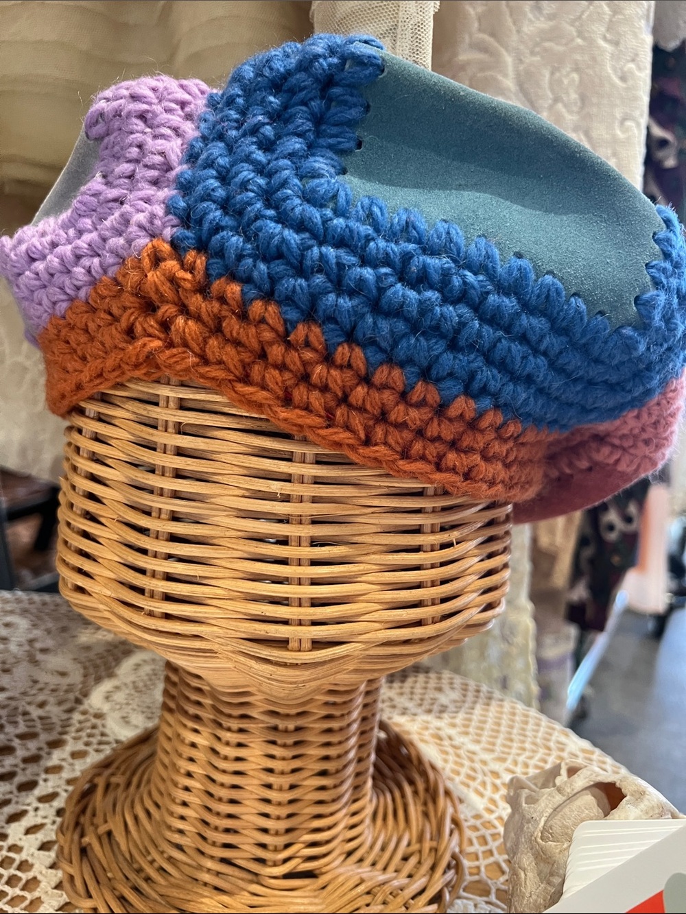 Chunky Crochet Trim Beret in Blue, Rust & Lavender